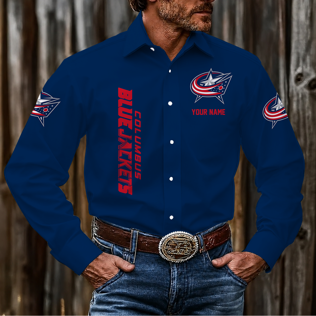 LIMITED EDITION - NEW CUSTOMIZED NHL18 CBJ COLUMBUS BLUE JACKETS MEN'S LONG SLEEVE BUTTON-UP SHIRT