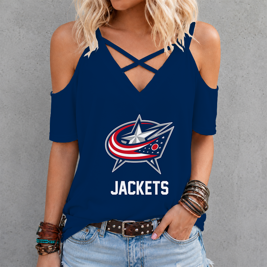 LIMITED EDITION - NEW CUSTOMIZED NHL18 CBJ COLUMBUS BLUE JACKETS CRISS CROSS V-NECK TOP