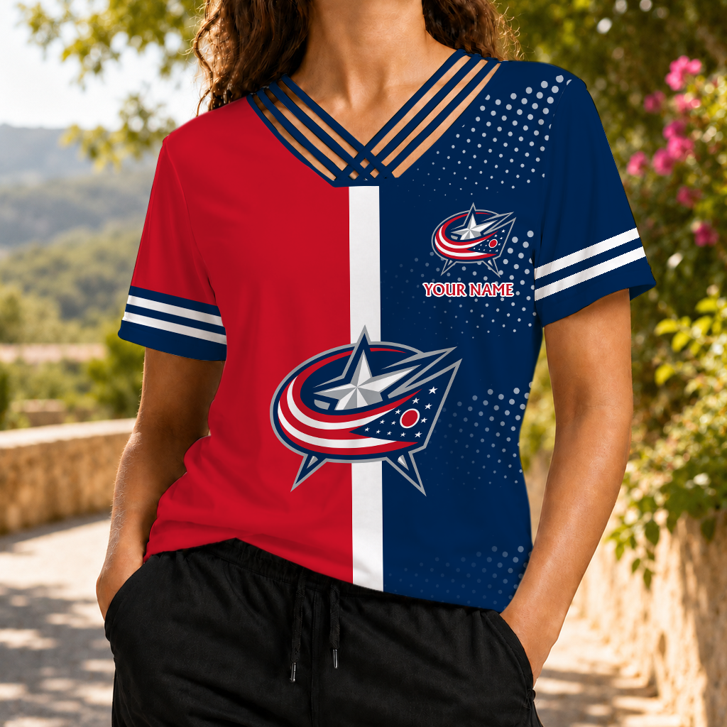ELITE EDITION - NEW CUSTOMIZED NHL18 CBJ COLUMBUS BLUE JACKETS V-NECK SHIRT