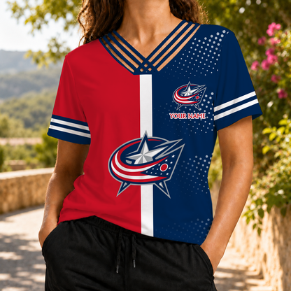 ELITE EDITION - NEW CUSTOMIZED NHL18 CBJ COLUMBUS BLUE JACKETS V-NECK SHIRT