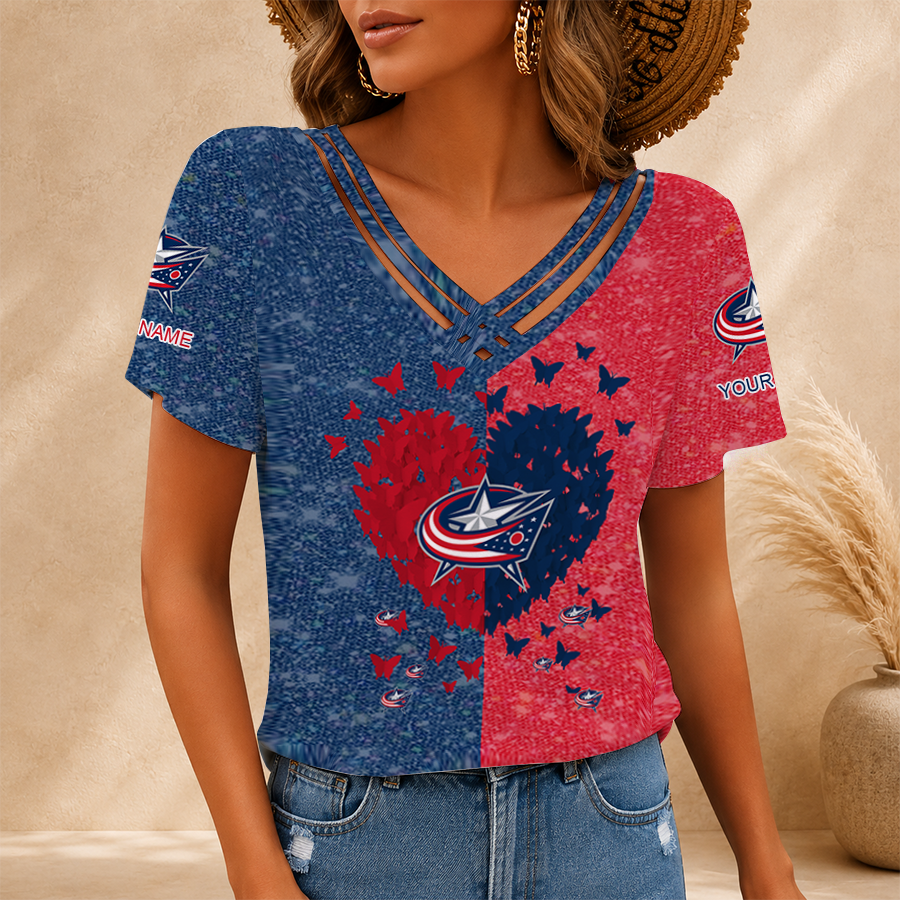 LIMITED EDITION - NEW CUSTOMIZED NHL18 CBJ COLUMBUS BLUE JACKETS V-NECK SHIRT