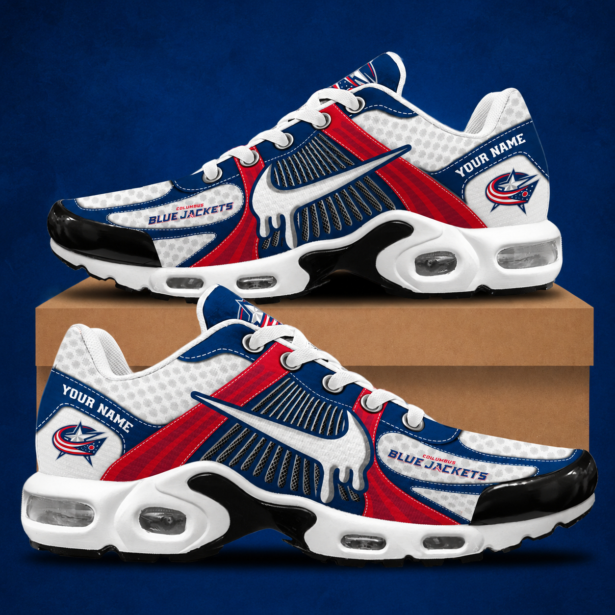 LIMITED EDITION - NEW CUSTOMIZED NHL18 CBJ COLUMBUS BLUE JACKETS AIR MAX PLUS SNEAKERS