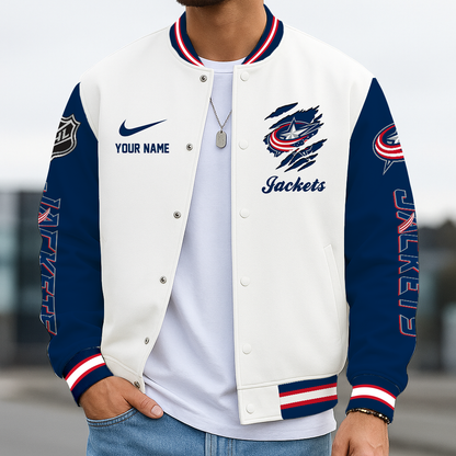 LIMITED EDITION - NEW CUSTOMIZED NHL18 CBJ COLUMBUS BLUE JACKETS BASEBALL JACKET, SATIN VARSITY JACKET
