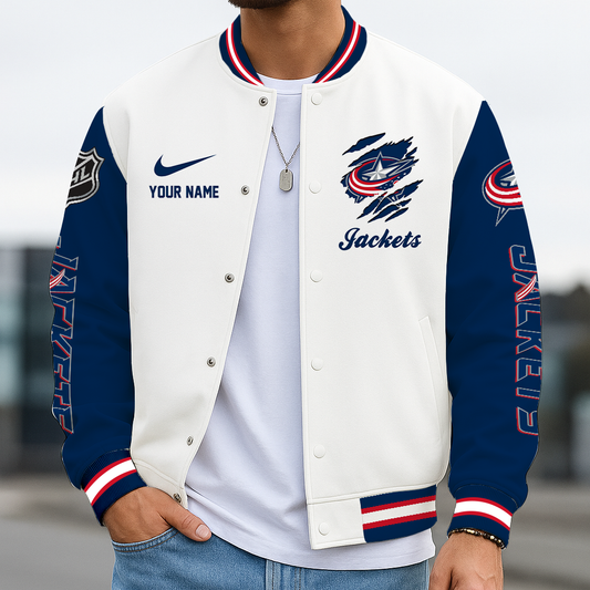 LIMITED EDITION - NEW CUSTOMIZED NHL18 CBJ COLUMBUS BLUE JACKETS BASEBALL JACKET, SATIN VARSITY JACKET