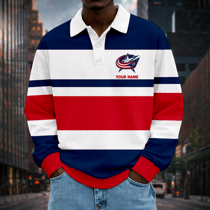 LIMITED EDITION - NEW CUSTOMIZED NHL18 CBJ COLUMBUS BLUE JACKETS MEN LONG SLEEVE POLO
