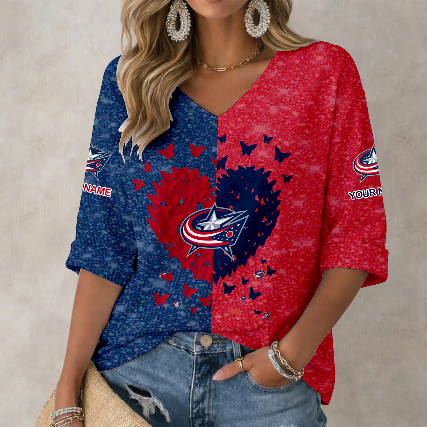 LIMITED EDITION - NEW CUSTOMIZED NHL18 CBJ COLUMBUS BLUE JACKETS WOMEN'S HEART V-NECK LONG SLEEVE SHIRT
