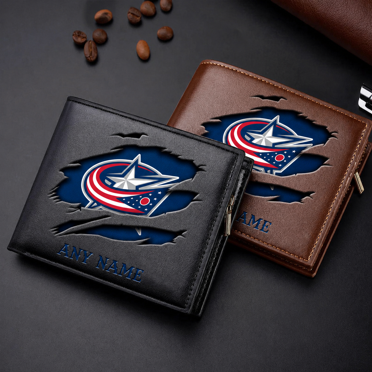 LIMITED EDITION - NEW CUSTOMIZED NHL18 CBJ COLUMBUS BLUE JACKETS LEATHER WALLET