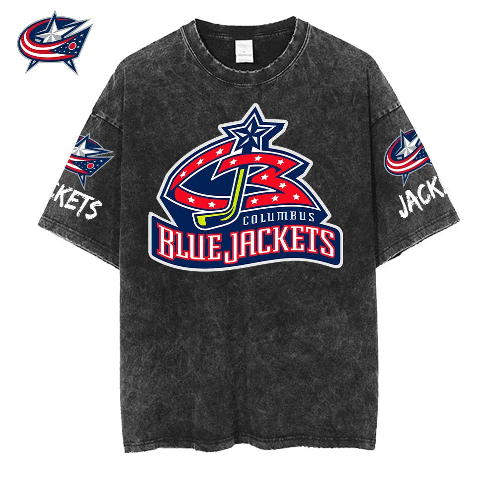 [SUPER SALE] NEW CUSTOMIZED NHL18 CBJ COLUMBUS BLUE JACKETS MULTICOLOR WASHED TEE