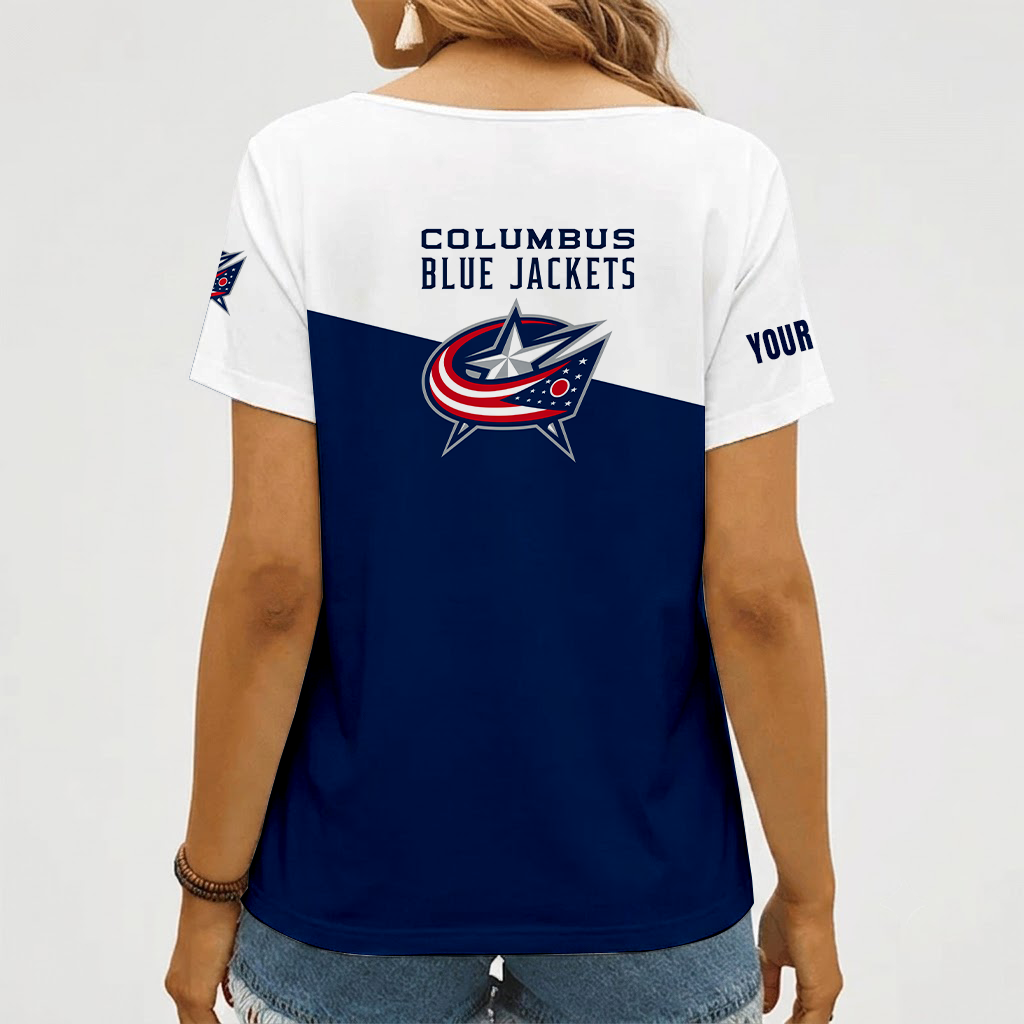 [SUPER SALE] NEW CUSTOMIZED NHL18 CBJ COLUMBUS BLUE JACKETS V-NECK FEMALE SHIRT