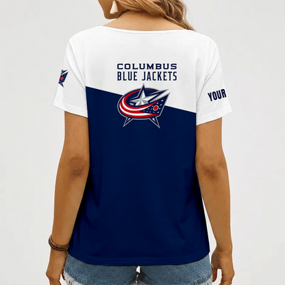 [SUPER SALE] NEW CUSTOMIZED NHL18 CBJ COLUMBUS BLUE JACKETS V-NECK FEMALE SHIRT