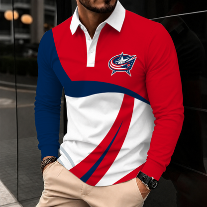 [SUPER SALE] NEW CUSTOMIZED NHL18 CBJ COLUMBUS BLUE JACKETS MEN LONG SLEEVE POLO