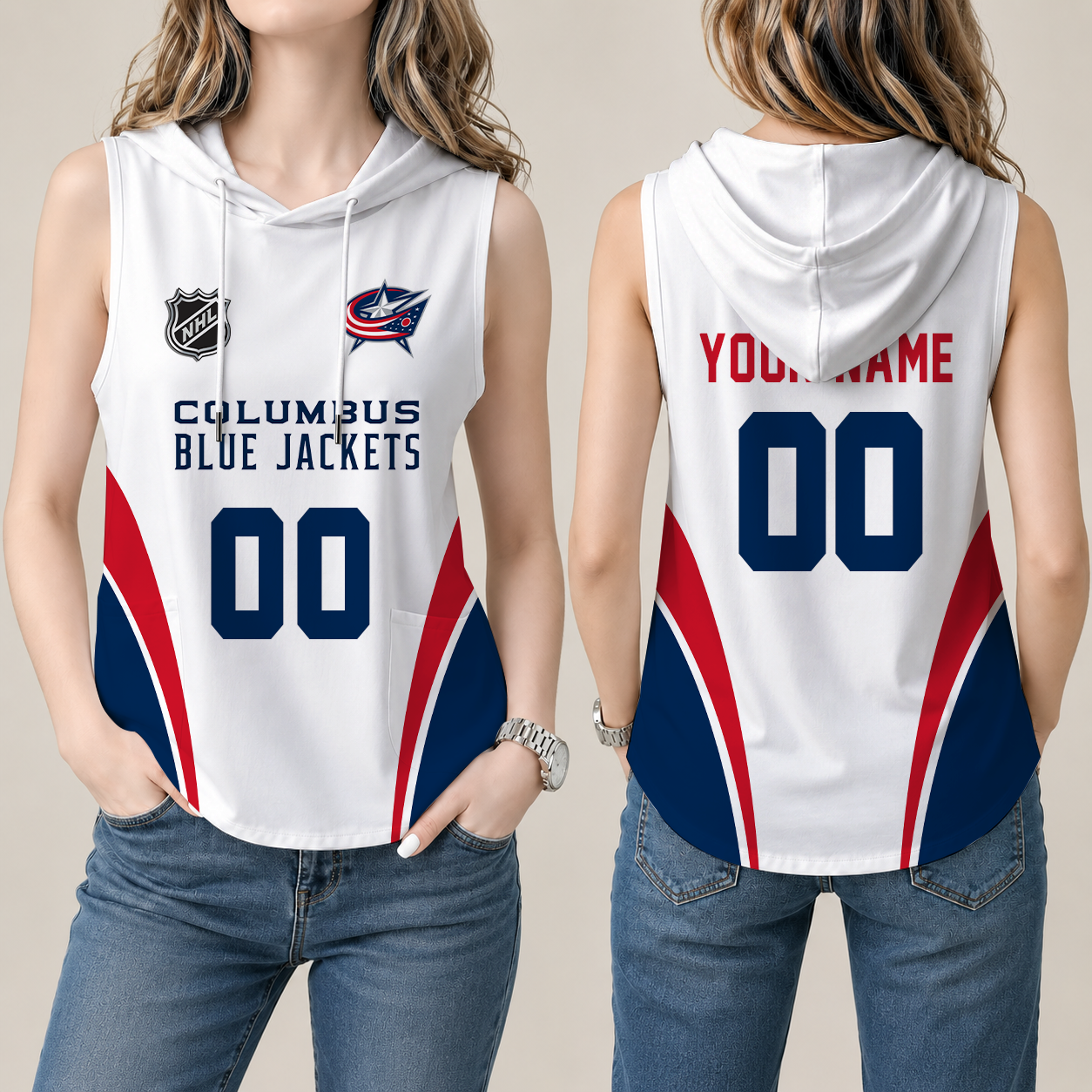 [SUPER SALE] NEW CUSTOMIZED NHL18 CBJ COLUMBUS BLUE JACKETS WOMEN'S SLEEVELESS HOODED POCKET TANK TOP