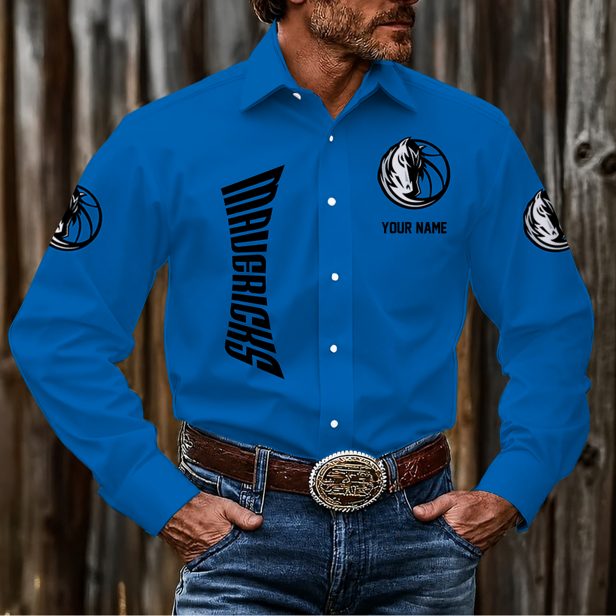 LIMITED EDITION - NEW CUSTOMIZED NBA18 DMA DALLAS MAVERICKS MEN'S LONG SLEEVE BUTTON-UP SHIRT