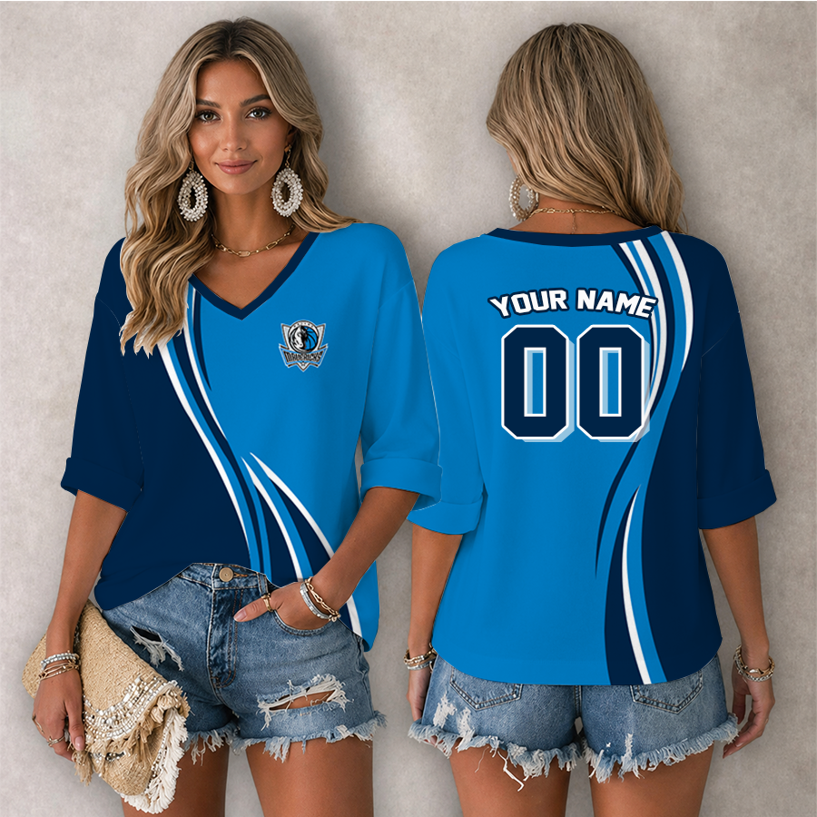 LIMITED EDITION - NEW CUSTOMIZED NBA18 DMA DALLAS MAVERICKS WOMEN'S HEART V-NECK LONG SLEEVE SHIRT