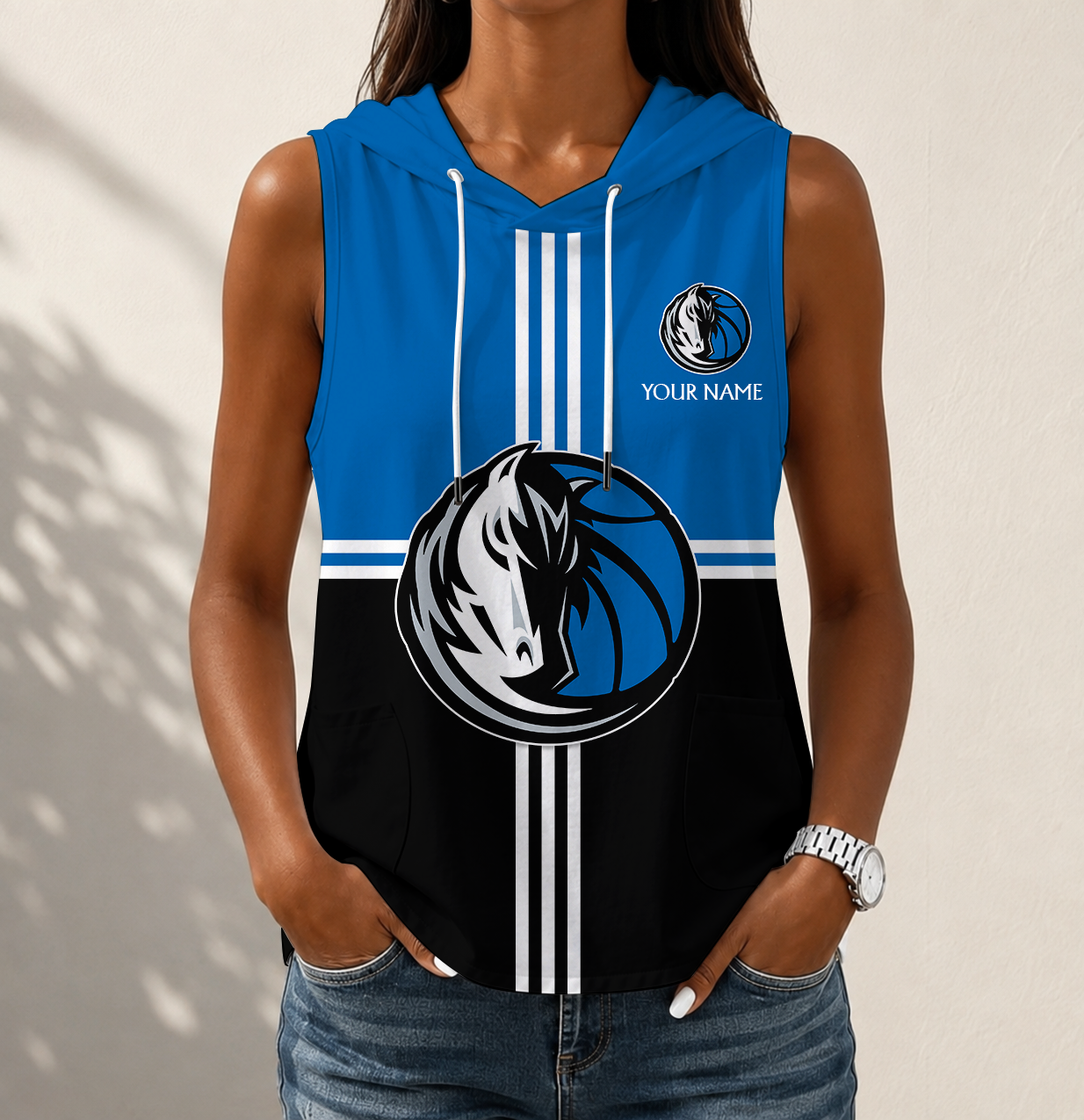 LIMITED EDITION - NEW CUSTOMIZED NBA18 DMA DALLAS MAVERICKS WOMEN'S SLEEVELESS HOODED POCKET TANK TOP