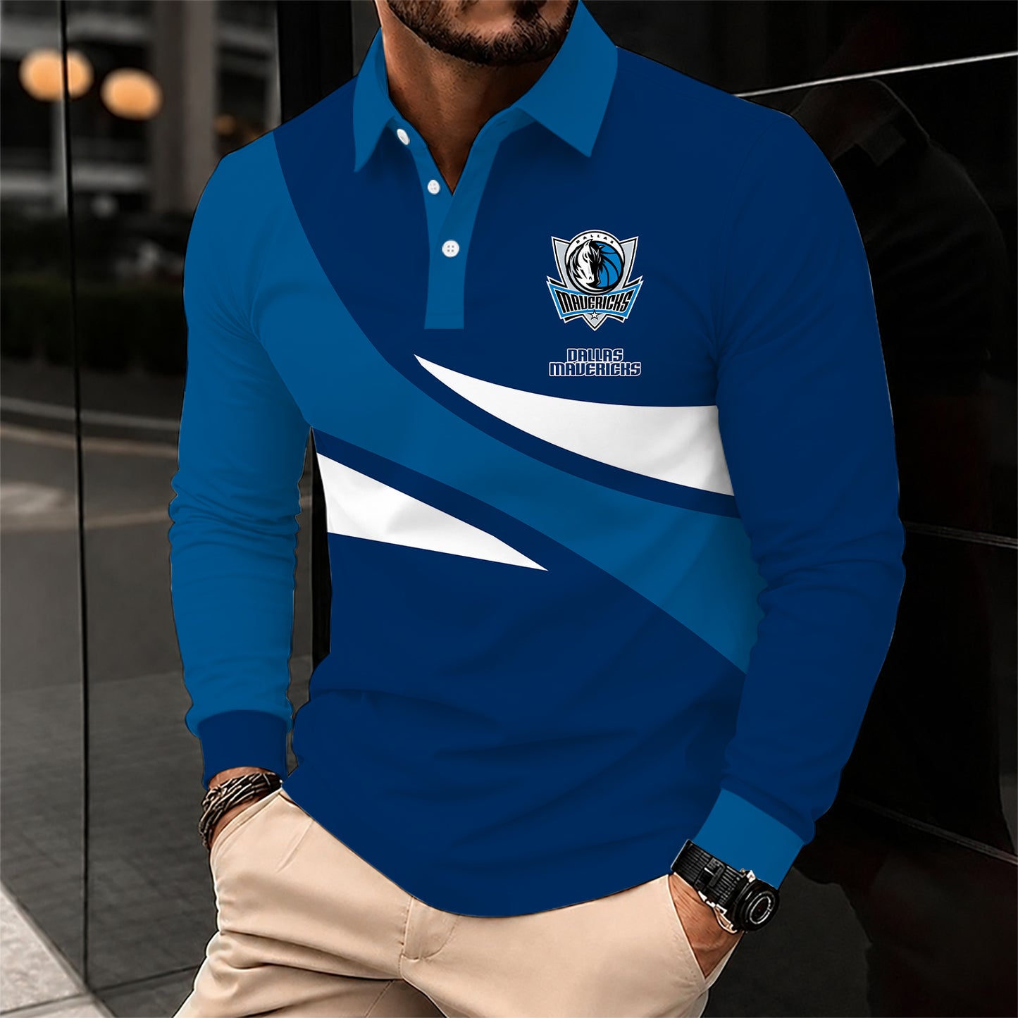 [HOT DEAL] NEW CUSTOMIZED NBA18 DMA DALLAS MAVERICKS MEN LONG SLEEVE POLO