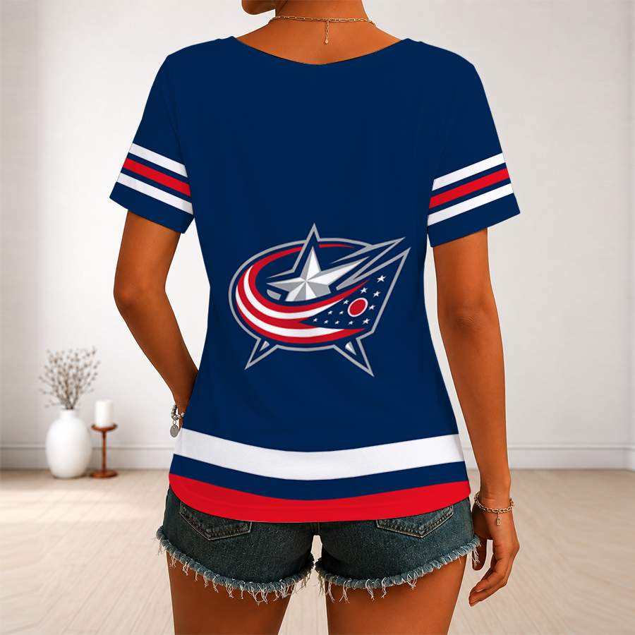 [SUPER SALE] NEW CUSTOMIZED NHL18 CBJ COLUMBUS BLUE JACKETS V-NECK FEMALE SHIRT