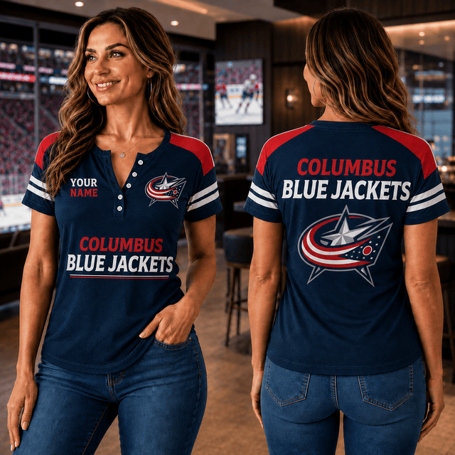 SPECIAL EDITION - NEW CUSTOMIZED NHL18 CBJ COLUMBUS BLUE JACKETS WOMEN'S SHORT SLEEVE HENLEY T-SHIRT