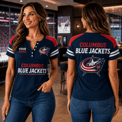 SPECIAL EDITION - NEW CUSTOMIZED NHL18 CBJ COLUMBUS BLUE JACKETS WOMEN'S SHORT SLEEVE HENLEY T-SHIRT