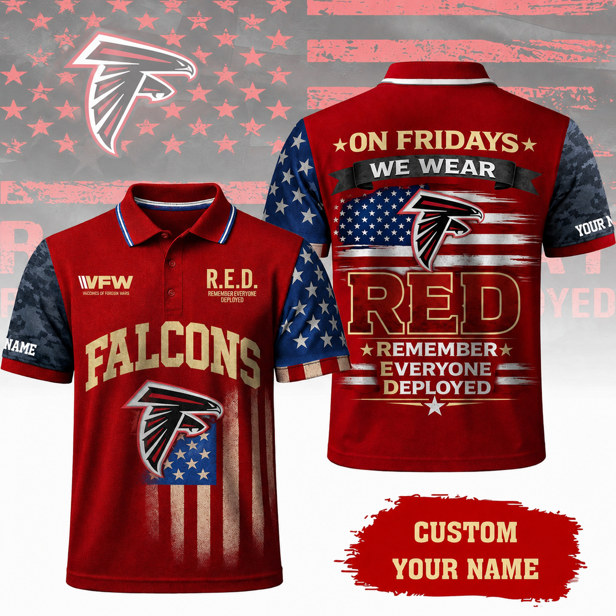 VIRAL EDITON - NEW CUSTOMIZED NFL18 ATF ATLANTA FALCONS INDEPENDENCE DAY POLO SHIRT, ZIP POLO SHIRT & T-SHIRTS