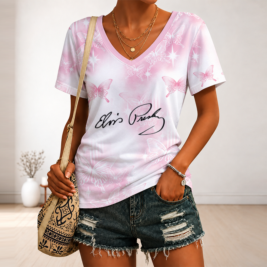 [FAN FAVORITE] NEW CUSTOMIZED ELVIS PRESLEY V-NECK FEMALE SHIRT