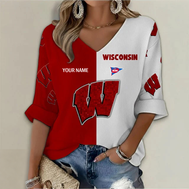 ELITE EDITION - NEW CUSTOMIZED NCAA FBS18 WSB WISCONSIN BADGERS WOMEN'S HEART V-NECK LONG SLEEVE SHIRT