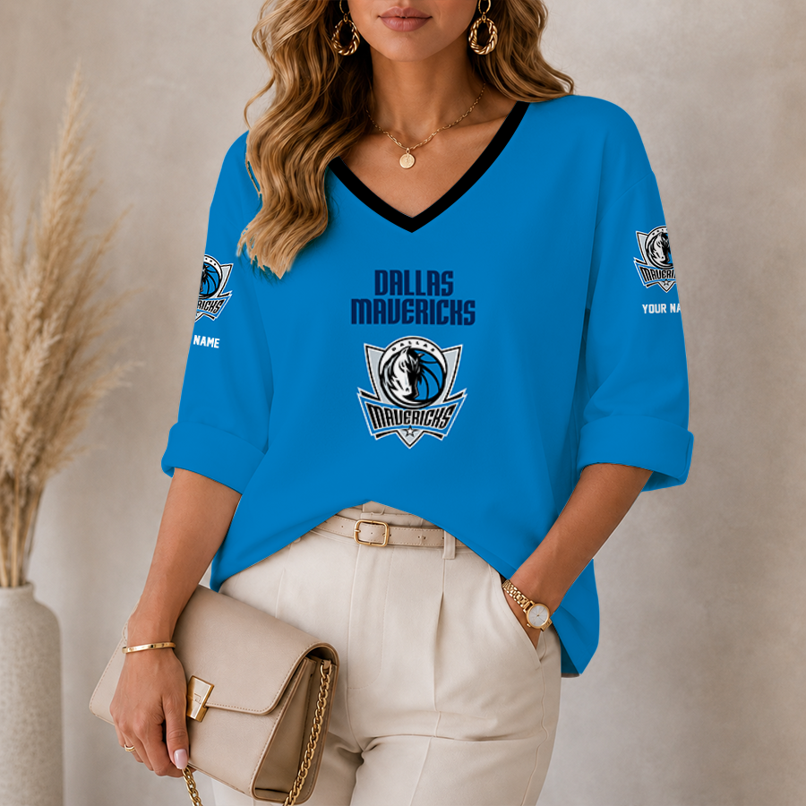 [HOT DEAL] NEW CUSTOMIZED NBA18 DMA DALLAS MAVERICKS WOMEN'S HEART V-NECK LONG SLEEVE SHIRT