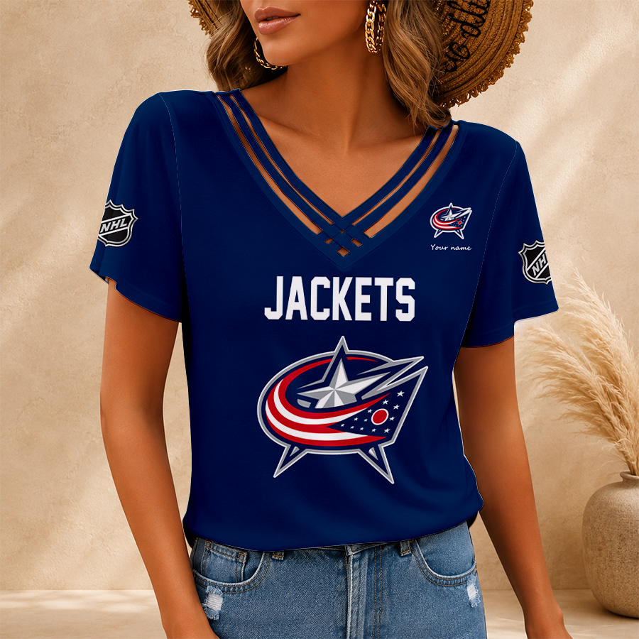 [SUPER SALE] NEW CUSTOMIZED NHL18 CBJ COLUMBUS BLUE JACKETS V-NECK SHIRT