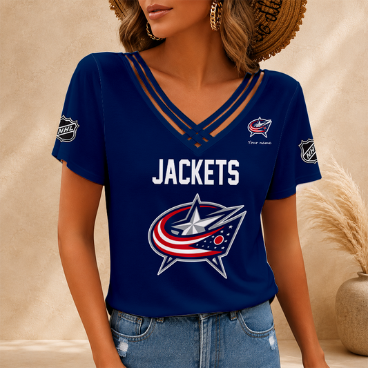 [SUPER SALE] NEW CUSTOMIZED NHL18 CBJ COLUMBUS BLUE JACKETS V-NECK SHIRT