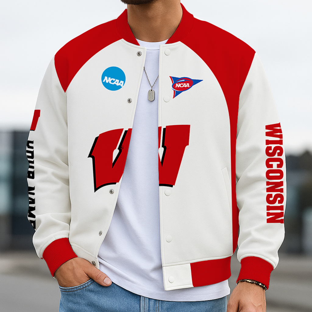 LIMITED EDITION - NEW CUSTOMIZED NCAA FBS18 WSB WISCONSIN BADGERS BASEBALL JACKET, SATIN VARSITY JACKET