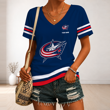 [SUPER SALE] NEW CUSTOMIZED NHL18 CBJ COLUMBUS BLUE JACKETS V-NECK FEMALE SHIRT
