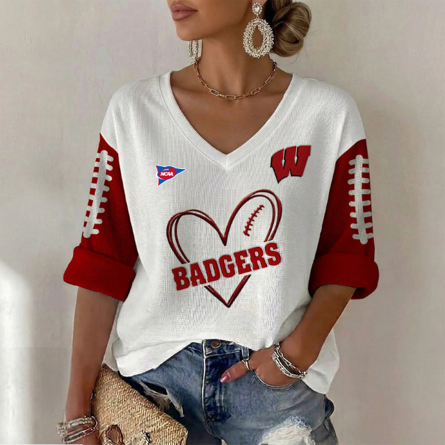 ELITE EDITION - NEW CUSTOMIZED NCAA FBS18 WSB WISCONSIN BADGERS WOMEN'S HEART V-NECK LONG SLEEVE SHIRT