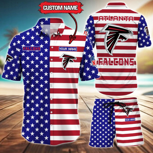 ELITE EDITION  - NEW CUSTOMIZED NFL18 ATF ATLANTA FALCONS UNISEX INDEPENDENCE DAY HAWAIIAN SHIRT & SHORTS SET