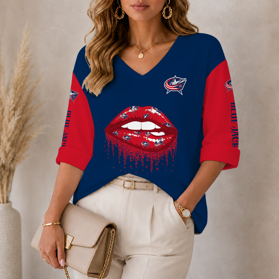 [SUPER SALE] NEW CUSTOMIZED NHL18 CBJ COLUMBUS BLUE JACKETS WOMEN'S HEART V-NECK LONG SLEEVE SHIRT