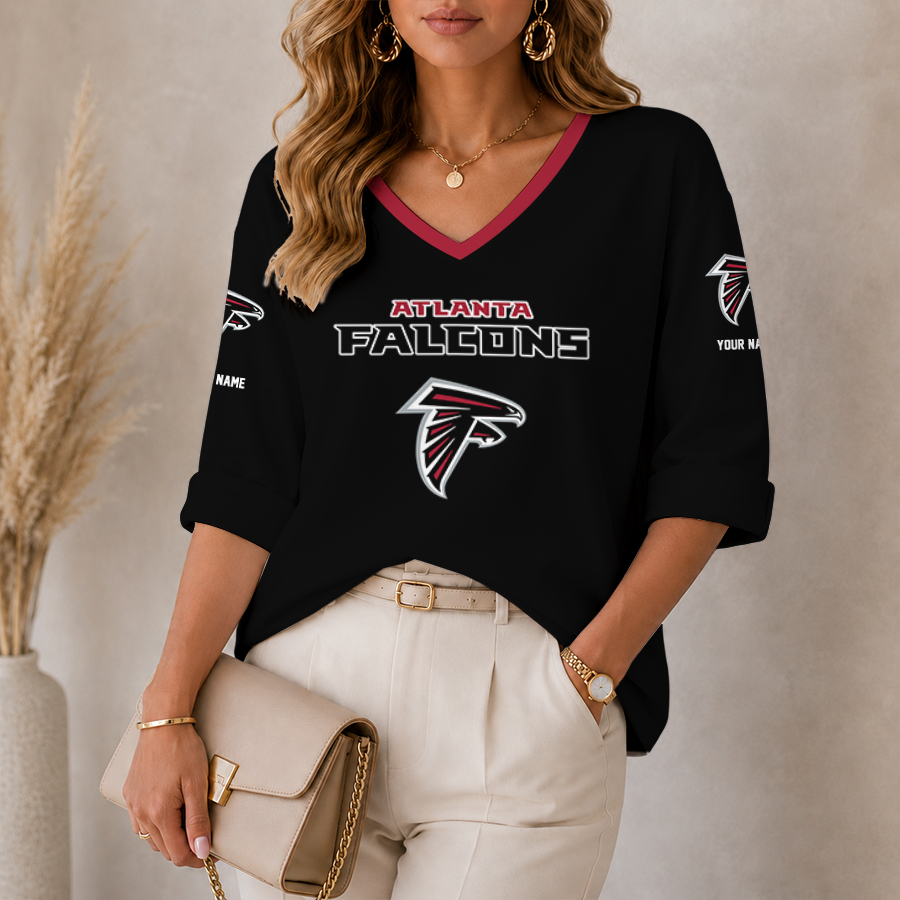 [SPECIAL OFFER] NEW CUSTOMIZED NFL18 ATF ATLANTA FALCONS WOMEN'S HEART V-NECK LONG SLEEVE SHIRT