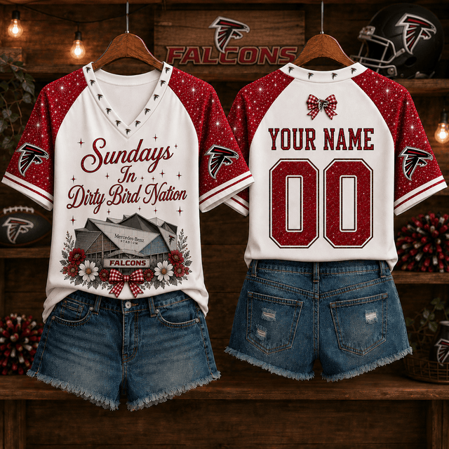 EXCLUSIVE EDITION - NEW CUSTOMIZED NFL18 ATF ATLANTA FALCONS V-NECK FEMALE SHIRT