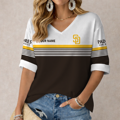 LIMITED EDITION - NEW CUSTOMIZED MLB18 SDP SAN DIEGO PADRES WOMEN'S HEART V-NECK LONG SLEEVE SHIRT