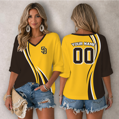 LIMITED EDITION - NEW CUSTOMIZED MLB18 SDP SAN DIEGO PADRES WOMEN'S HEART V-NECK LONG SLEEVE SHIRT