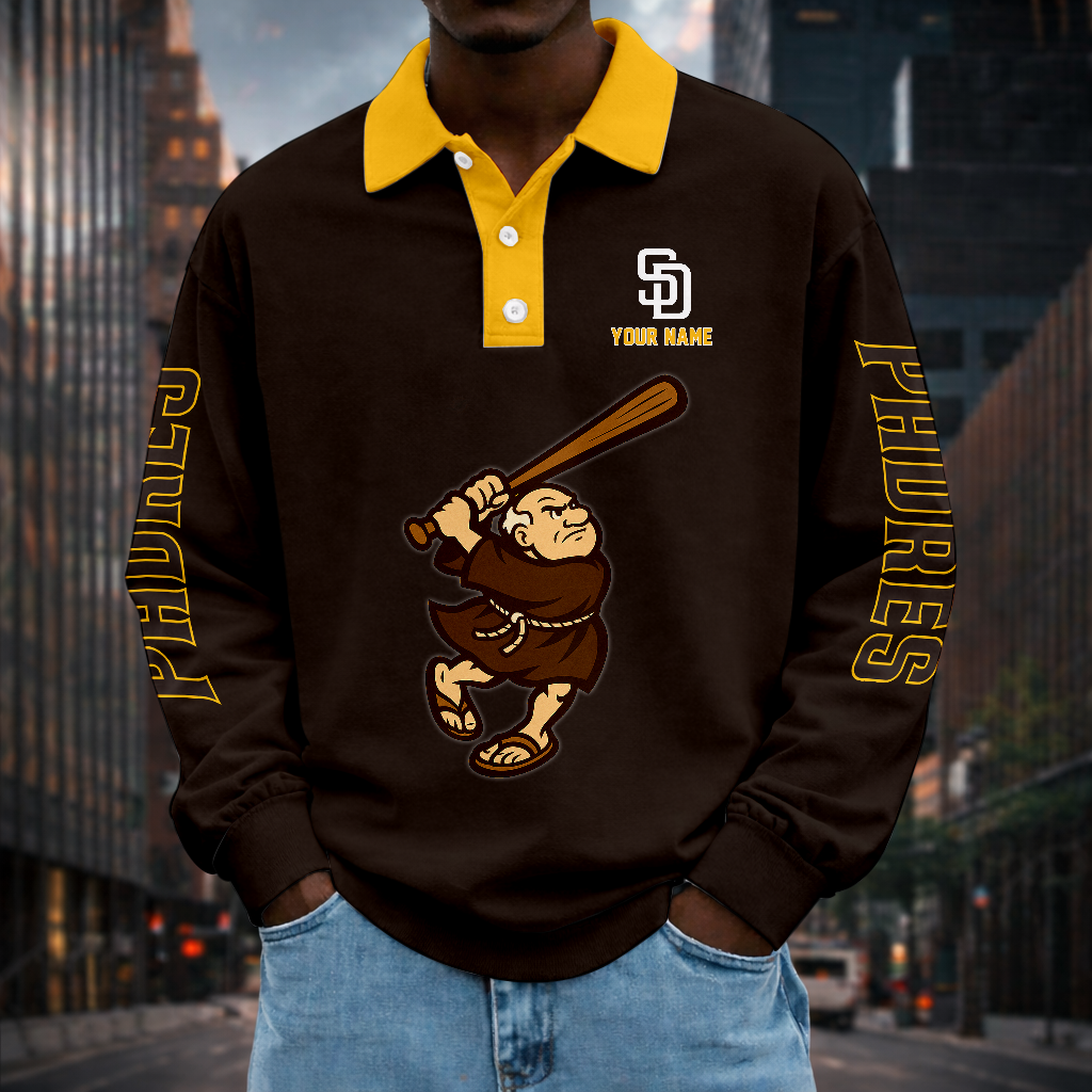 LIMITED EDITION - NEW CUSTOMIZED MLB18 SDP SAN DIEGO PADRES MEN LONG SLEEVE POLO