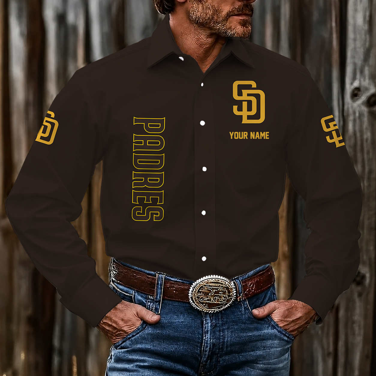 LIMITED EDITION - NEW CUSTOMIZED MLB18 SDP SAN DIEGO PADRES MEN'S LONG SLEEVE BUTTON-UP SHIRT