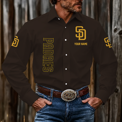 LIMITED EDITION - NEW CUSTOMIZED MLB18 SDP SAN DIEGO PADRES MEN'S LONG SLEEVE BUTTON-UP SHIRT