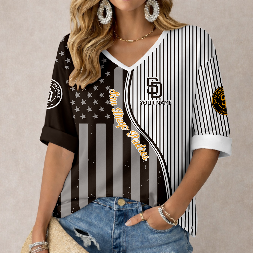 ELITE EDITION - NEW CUSTOMIZED MLB18 SDP SAN DIEGO PADRES WOMEN'S HEART V-NECK LONG SLEEVE SHIRT
