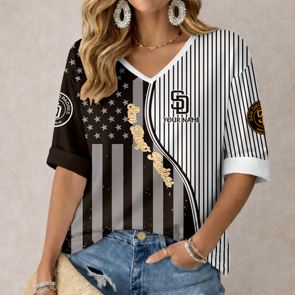 ELITE EDITION - NEW CUSTOMIZED MLB18 SDP SAN DIEGO PADRES WOMEN'S HEART V-NECK LONG SLEEVE SHIRT