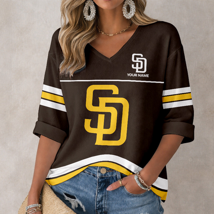 LIMITED EDITION - NEW CUSTOMIZED MLB18 SDP SAN DIEGO PADRES WOMEN'S HEART V-NECK LONG SLEEVE SHIRT