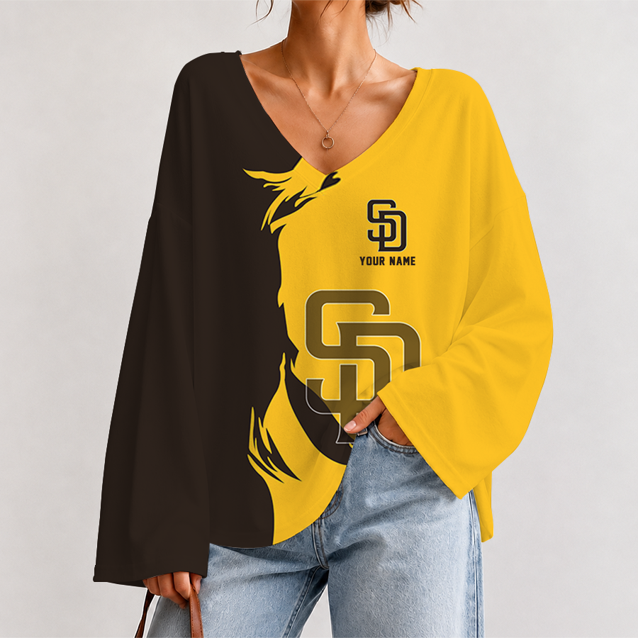[FLASH SALE] NEW CUSTOMIZED MLB18 SDP SAN DIEGO PADRES V-NECK LONG SLEEVED CROP TOP