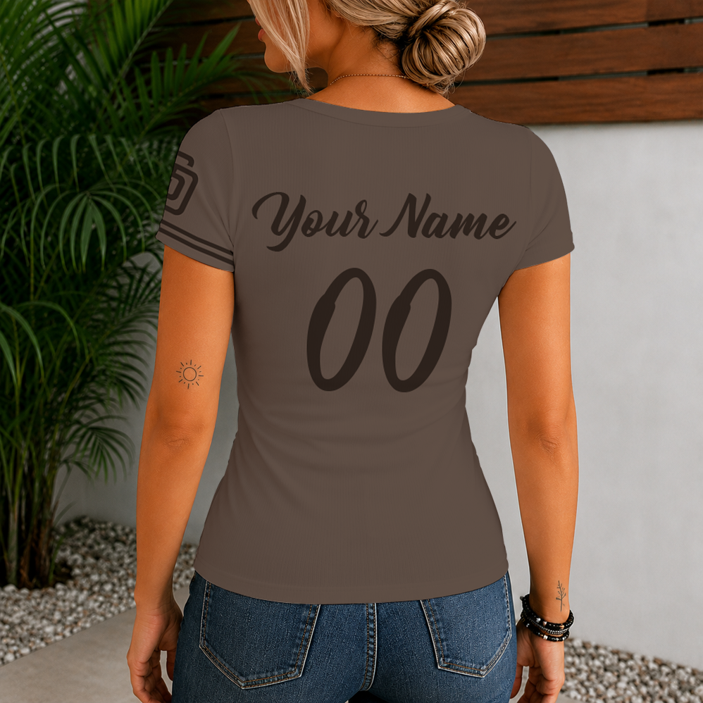 [FLASH SALE] NEW CUSTOMIZED MLB18 SDP SAN DIEGO PADRES WOMEN'S SHORT SLEEVE HENLEY T-SHIRT