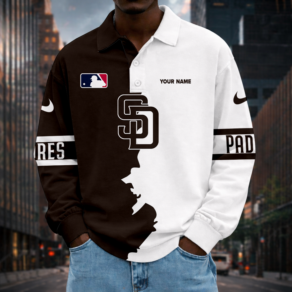 LIMITED EDITION - NEW CUSTOMIZED MLB18 SDP SAN DIEGO PADRES MEN LONG SLEEVE POLO