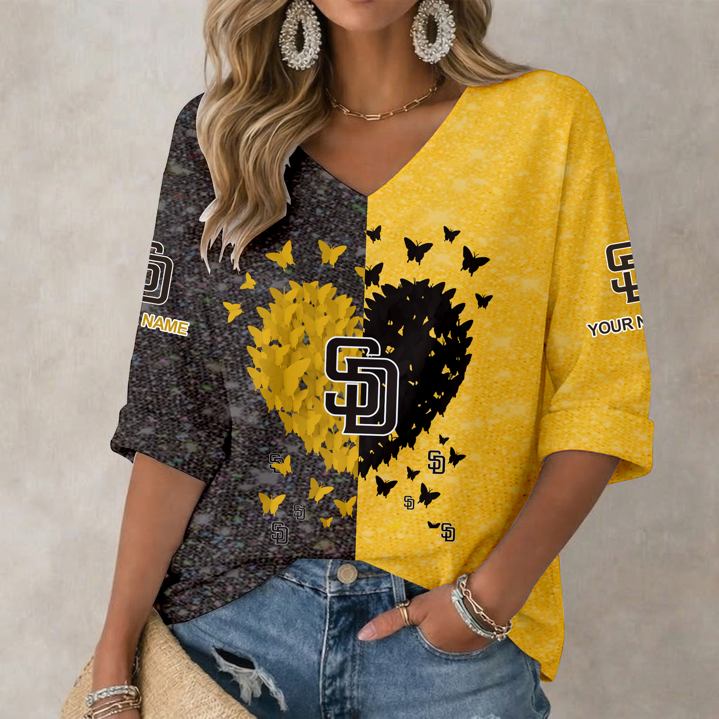 LIMITED EDITION - NEW CUSTOMIZED MLB18 SDP SAN DIEGO PADRES WOMEN'S HEART V-NECK LONG SLEEVE SHIRT