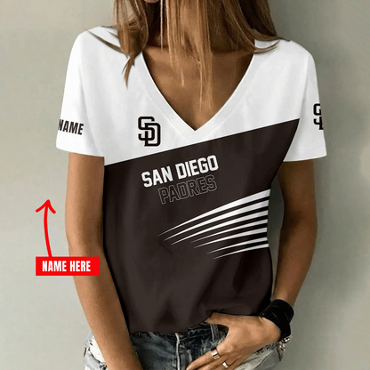 [FLASH SALE] NEW CUSTOMIZED MLB18 SDP SAN DIEGO PADRES V-NECK FEMALE SHIRT
