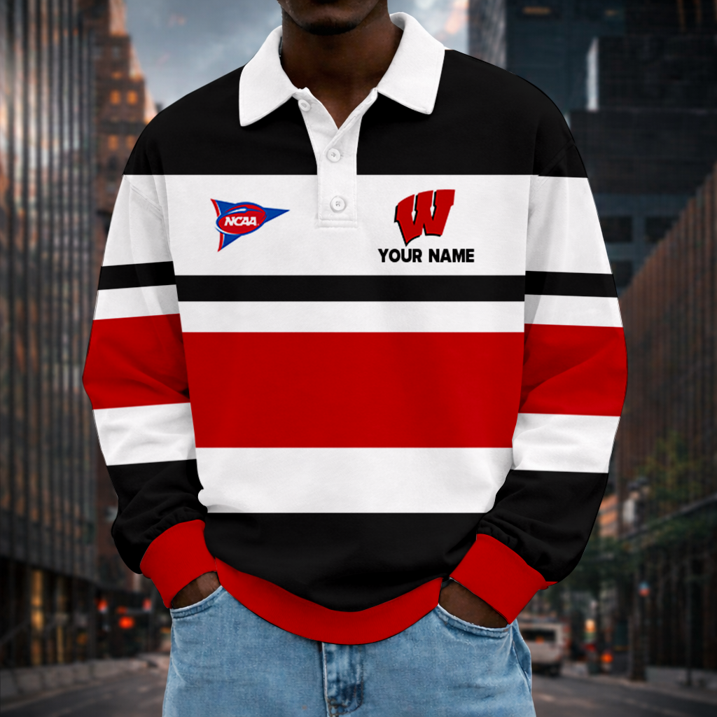 LIMITED EDITION - NEW CUSTOMIZED NCAA FBS18 WSB WISCONSIN BADGERS UNISEX LONG SLEEVE POLO